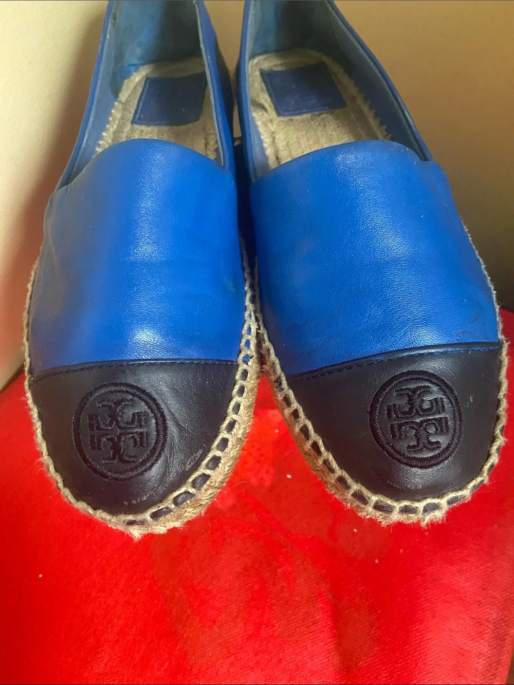 Tory Burch Royal Blue Leather Espadrille Wedges with Black Toe Cap